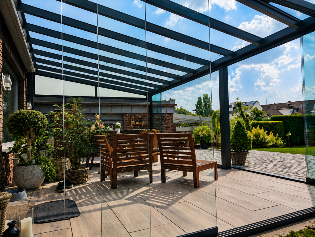 Terrassenüberdachung mit Glasdach und rahmenlosen Glasschiebeelementen in Oberhausen